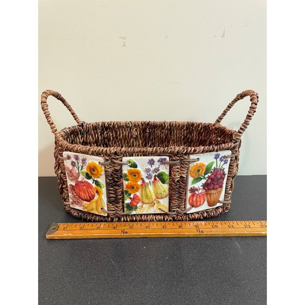 12"x6"x8" Wicker Basket Planter w/ 3 Ceramic Tiles Fall Designs Thanksgiving